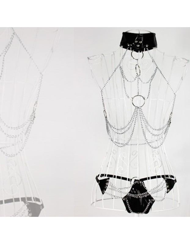 Three-point hollowed-out iron chain set of erotic underwear is alluring. The leather metal opening is free to take off BST58002