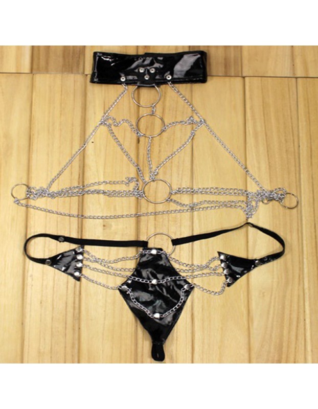 Three-point hollowed-out iron chain set of erotic underwear is alluring. The leather metal opening is free to take off BST58002