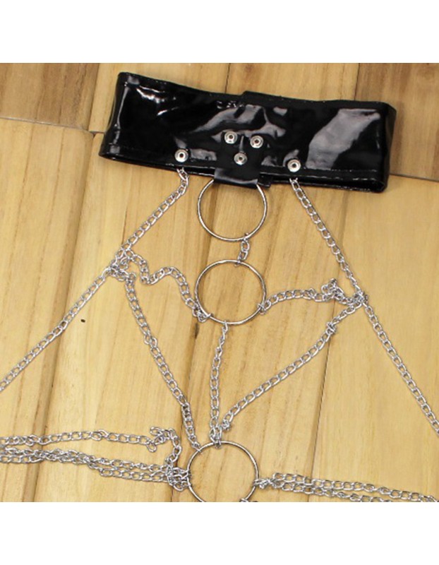 Three-point hollowed-out iron chain set of erotic underwear is alluring. The leather metal opening is free to take off BST58002