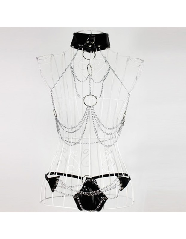 Three-point hollowed-out iron chain set of erotic underwear is alluring. The leather metal opening is free to take off BST58002