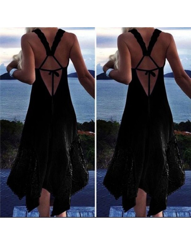 Clearance Sexy T-shirt Lace Tie-back Irregular Patchwork Women Casual Clothes Backless Dress SB201