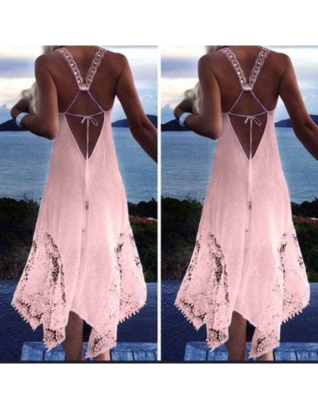 Clearance Sexy T-shirt Lace Tie-back Irregular Patchwork Women Casual Clothes Backless Dress SB201