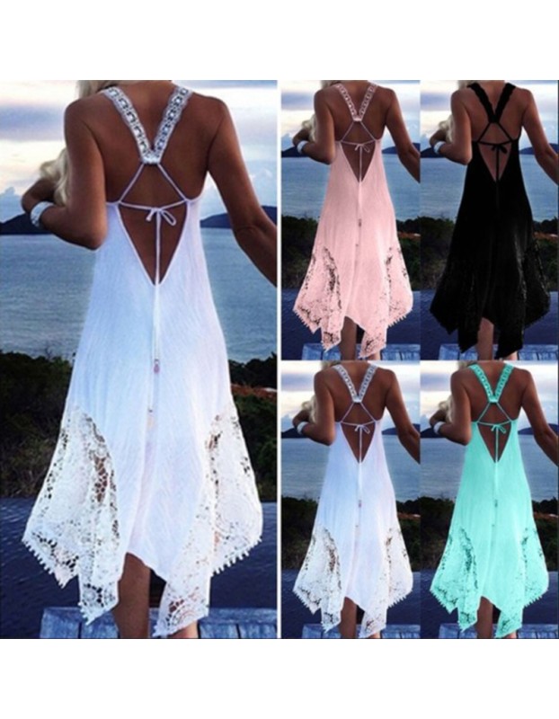 Clearance Sexy T-shirt Lace Tie-back Irregular Patchwork Women Casual Clothes Backless Dress SB201