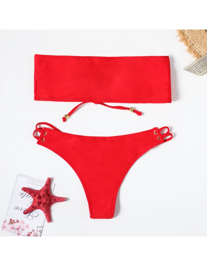 Swimsuit, lace-up bikini, sexy solid-color swimsuit, beach vacation bikini FF30