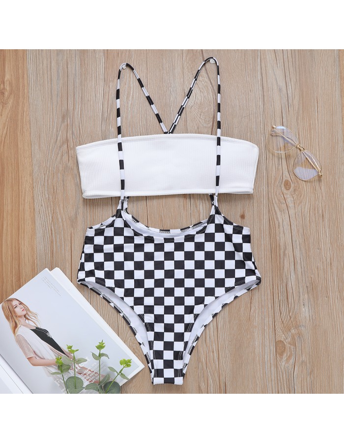 Plaid bikini cross-border Amazon high-waisted, simple two-piece sportswear for women FF14