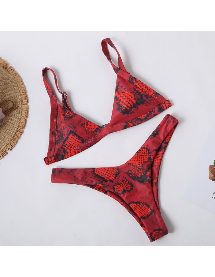 European and American swimwear red animal snake print bikini triangular two-piece swimwear CC31