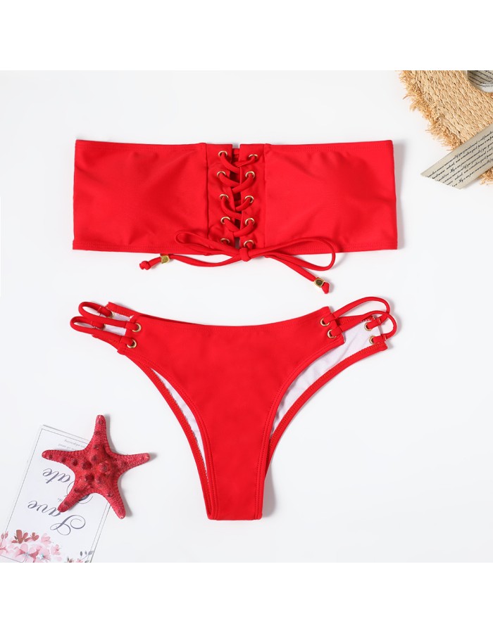 Swimsuit, lace-up bikini, sexy solid-color swimsuit, beach vacation bikini FF30
