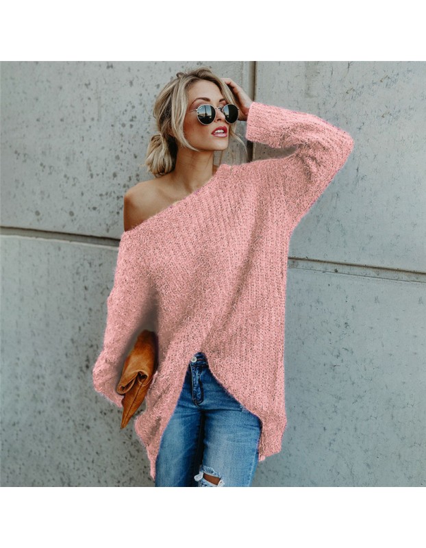 Fluffy long-sleeved sweaters, off-the-shoulder T-shirts, tops, loose and sexy sweaters for autumn and winter SB204