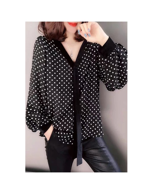 New women's turtleneck sweater, tummy-hiding, velvet polka dot blouse, chiffon turtleneck sweater SB209