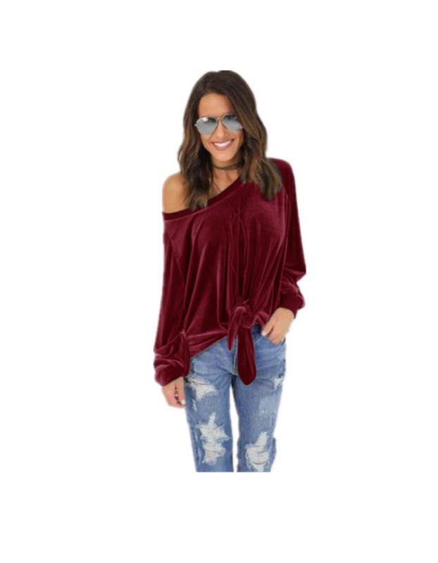 Sexy loose top, off-the-shoulder bow T-shirt with straps, solid-color hoodie top for women's wear SB203