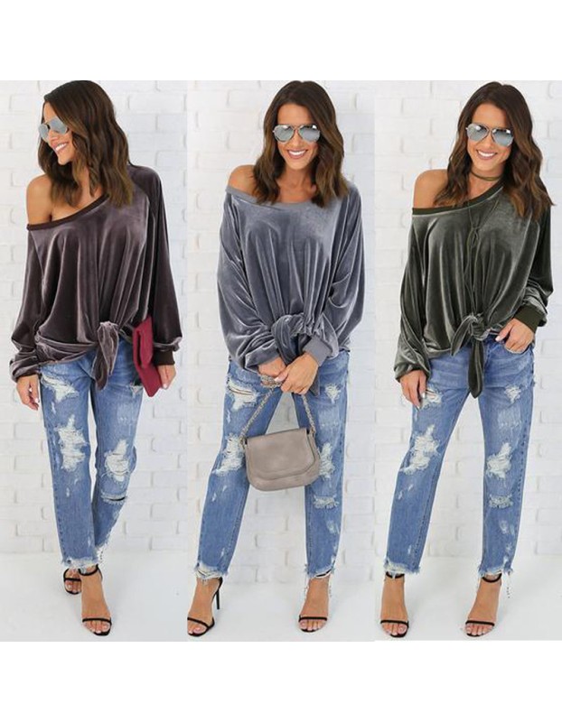 Sexy loose top, off-the-shoulder bow T-shirt with straps, solid-color hoodie top for women's wear SB203