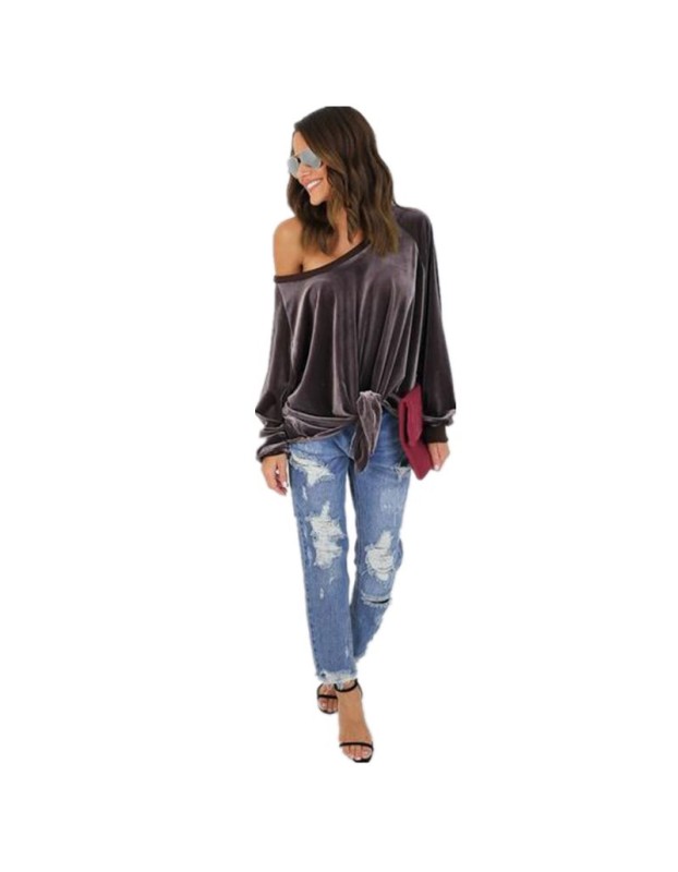Sexy loose top, off-the-shoulder bow T-shirt with straps, solid-color hoodie top for women's wear SB203
