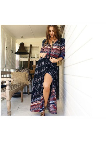 Beach dress, Bohemian printed fake cardigan dress, button-down long dress SB218