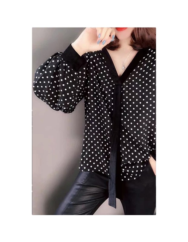 New women's turtleneck sweater, tummy-hiding, velvet polka dot blouse, chiffon turtleneck sweater SB209