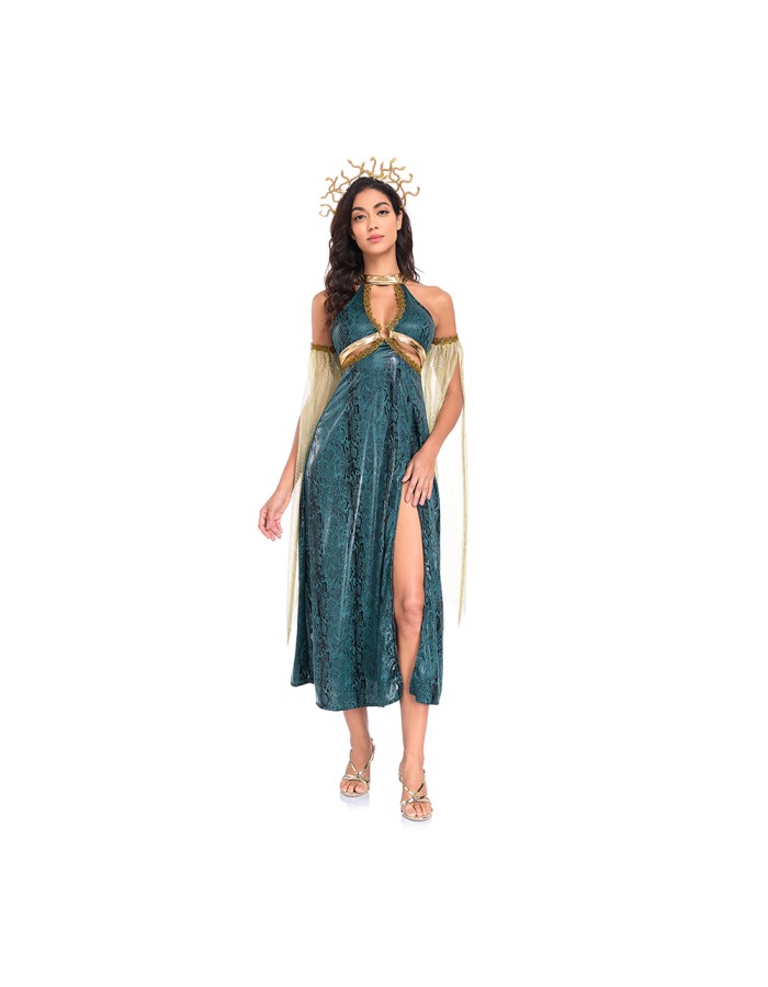 Sexy Dress Costumes Dark Green Snake Patterned Slit Long Dress Mythological Sea Monster Uniform SM2047