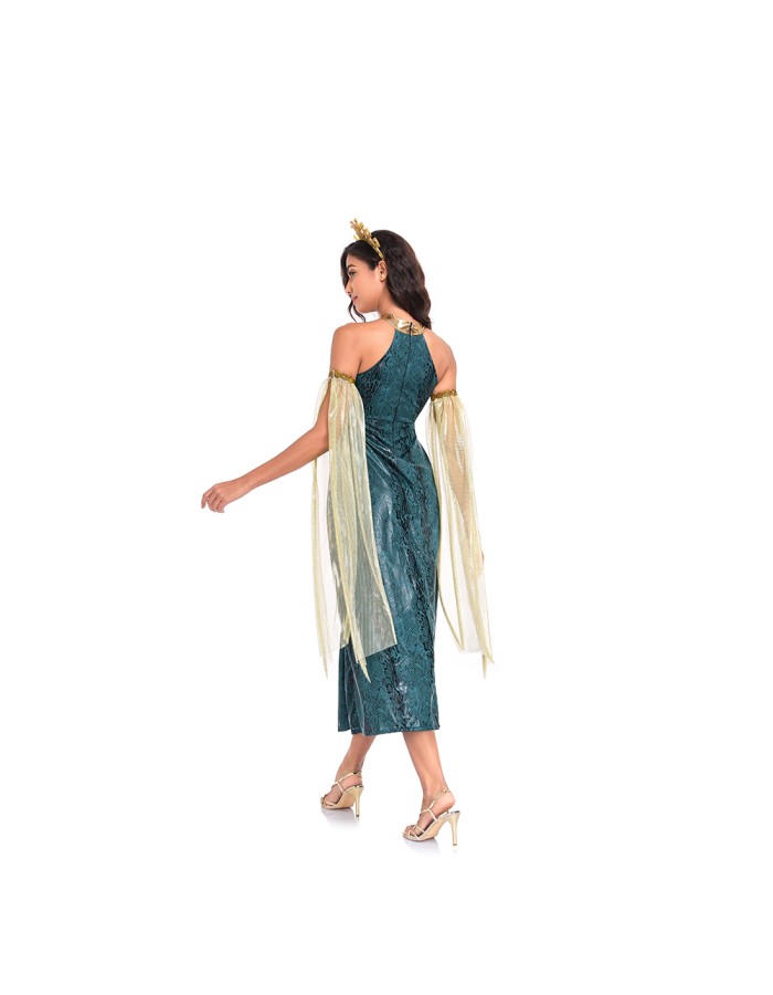 Sexy Dress Costumes Dark Green Snake Patterned Slit Long Dress Mythological Sea Monster Uniform SM2047