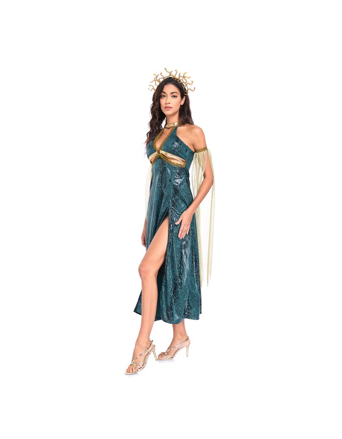 Sexy Dress Costumes Dark Green Snake Patterned Slit Long Dress Mythological Sea Monster Uniform SM2047