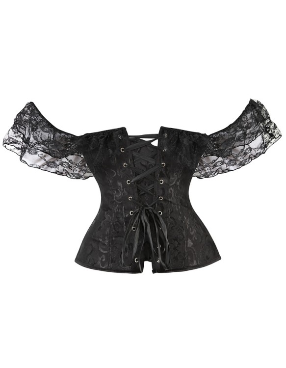 Bustier Top Plus Size Vintage Jacquard Floral Lace Sleeves Chest Binder Corselet Overbust Women Lingerie QF902