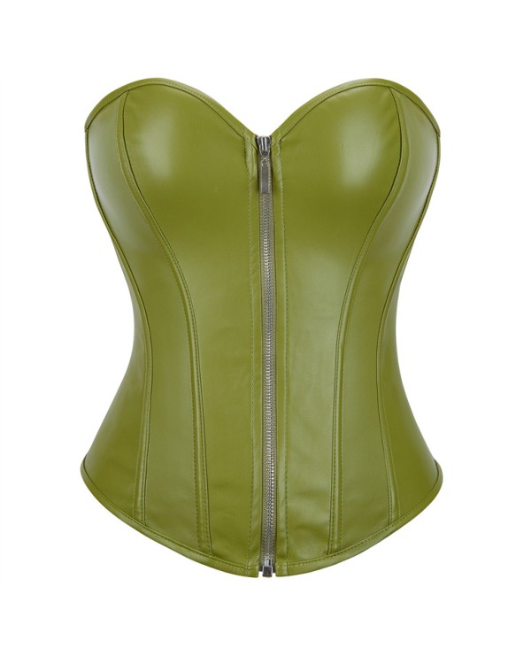 Women Faux Leather Corset Top Sexy Gothic Grass green Zipper Korset Bustier Vintage Burlesque Lingerie Party Club Corselet  TG906