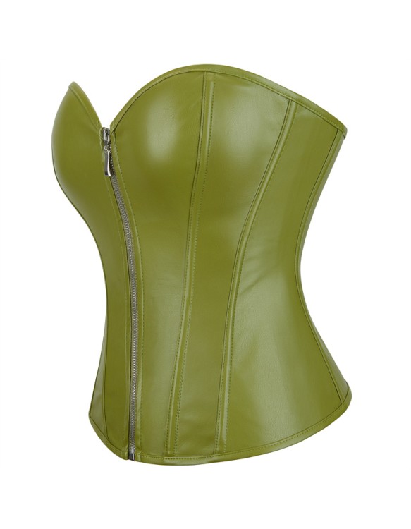Women Faux Leather Corset Top Sexy Gothic Grass green Zipper Korset Bustier Vintage Burlesque Lingerie Party Club Corselet  TG906
