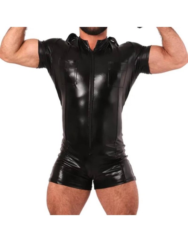One Piece Sexy Patent Leather Lingerie Nightclub Stage Jumpsuit For Men N804