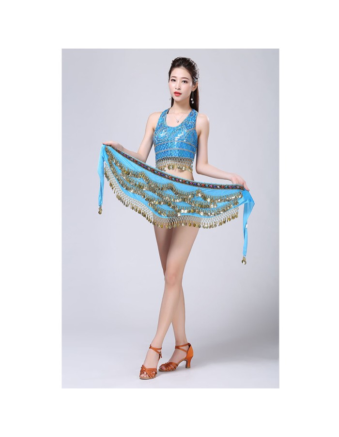 Stage Tie-up Halter Top and Skirt Belly Dance Rhinestone Sequins Sexy Tow Piece Costume D1815