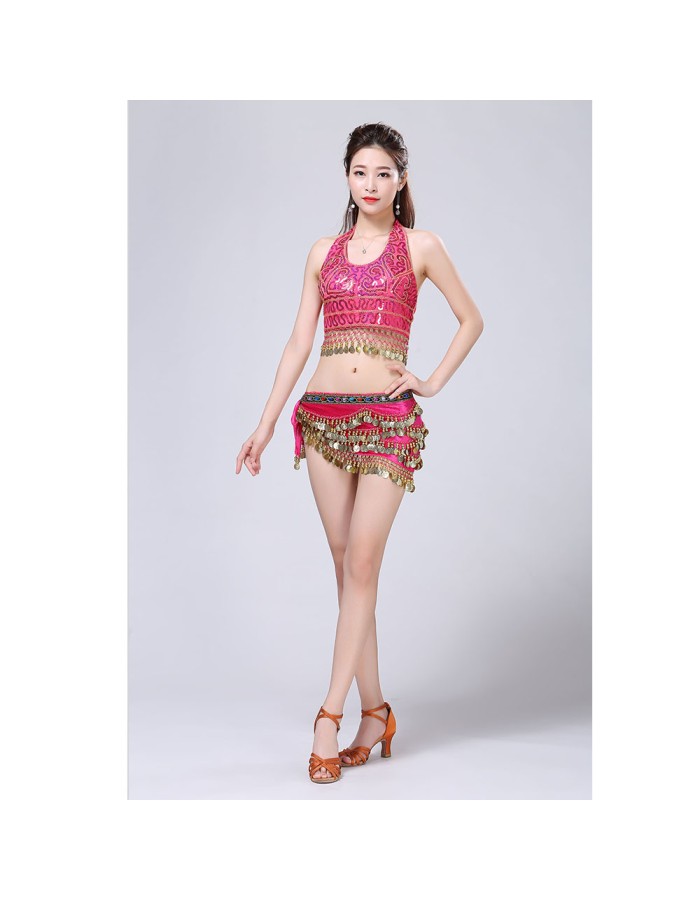 Stage Tie-up Halter Top and Skirt Belly Dance Rhinestone Sequins Sexy Tow Piece Costume D1815