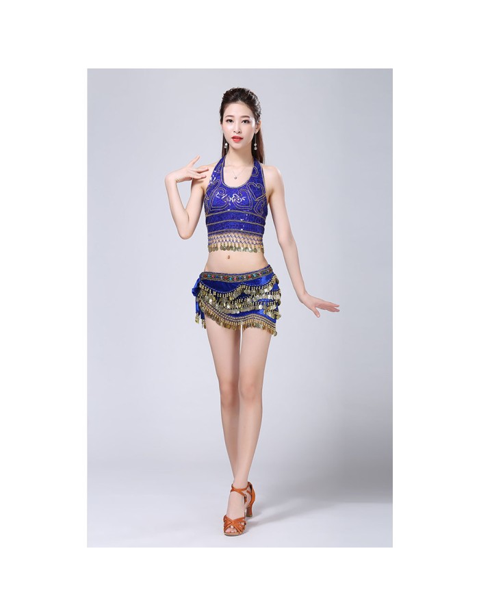 Stage Tie-up Halter Top and Skirt Belly Dance Rhinestone Sequins Sexy Tow Piece Costume D1815