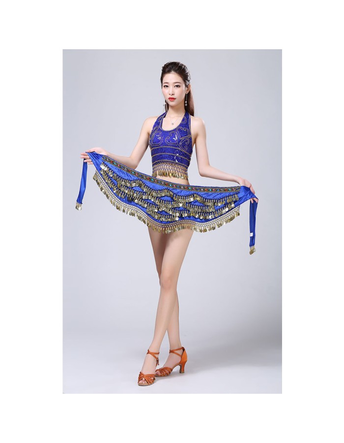 Stage Tie-up Halter Top and Skirt Belly Dance Rhinestone Sequins Sexy Tow Piece Costume D1815