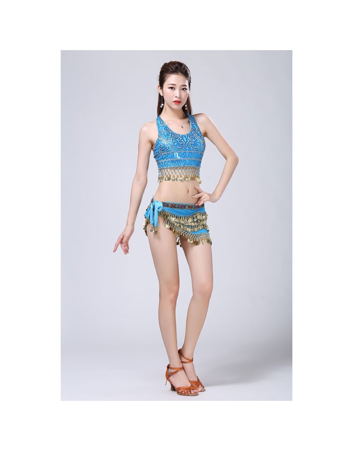 Stage Tie-up Halter Top and Skirt Belly Dance Rhinestone Sequins Sexy Tow Piece Costume D1815