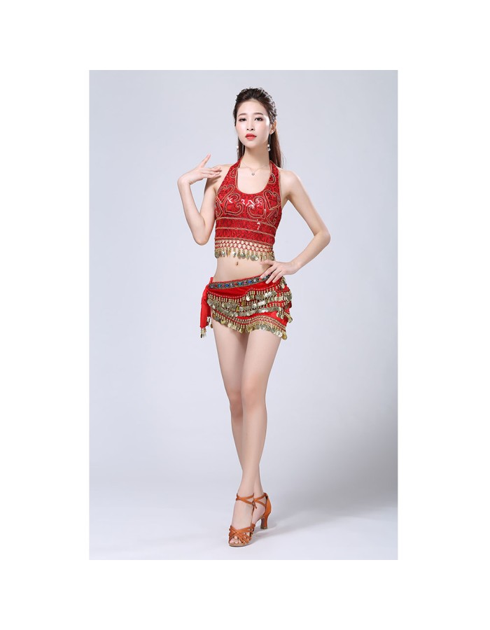 Stage Tie-up Halter Top and Skirt Belly Dance Rhinestone Sequins Sexy Tow Piece Costume D1815