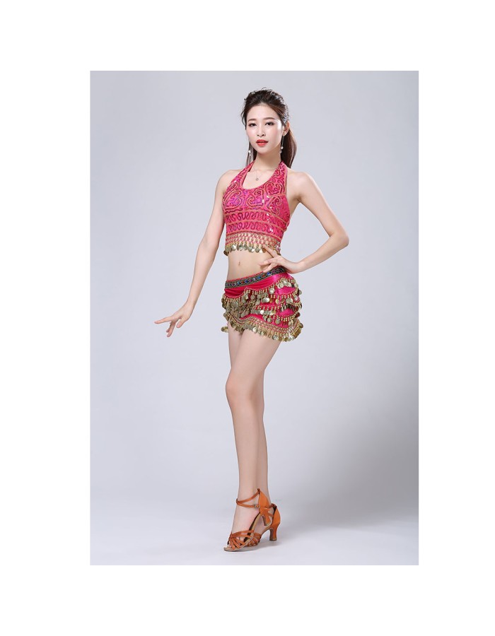 Stage Tie-up Halter Top and Skirt Belly Dance Rhinestone Sequins Sexy Tow Piece Costume D1815