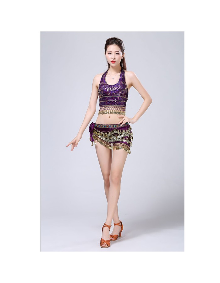 Stage Tie-up Halter Top and Skirt Belly Dance Rhinestone Sequins Sexy Tow Piece Costume D1815