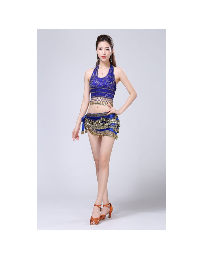 Stage Tie-up Halter Top and Skirt Belly Dance Rhinestone Sequins Sexy Tow Piece Costume D1815