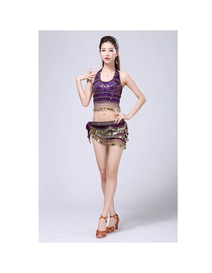 Stage Tie-up Halter Top and Skirt Belly Dance Rhinestone Sequins Sexy Tow Piece Costume D1815