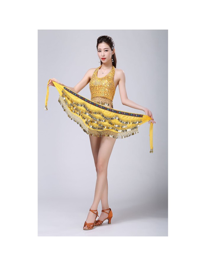 Stage Tie-up Halter Top and Skirt Belly Dance Rhinestone Sequins Sexy Tow Piece Costume D1815