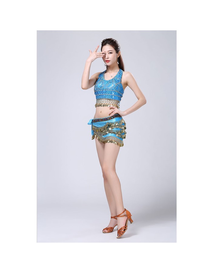 Stage Tie-up Halter Top and Skirt Belly Dance Rhinestone Sequins Sexy Tow Piece Costume D1815