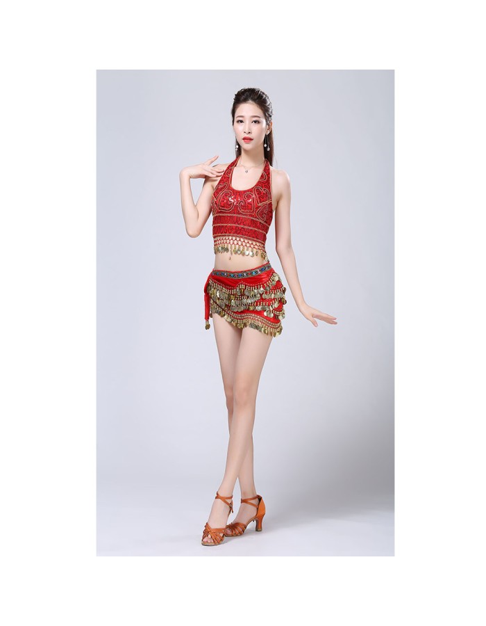 Stage Tie-up Halter Top and Skirt Belly Dance Rhinestone Sequins Sexy Tow Piece Costume D1815