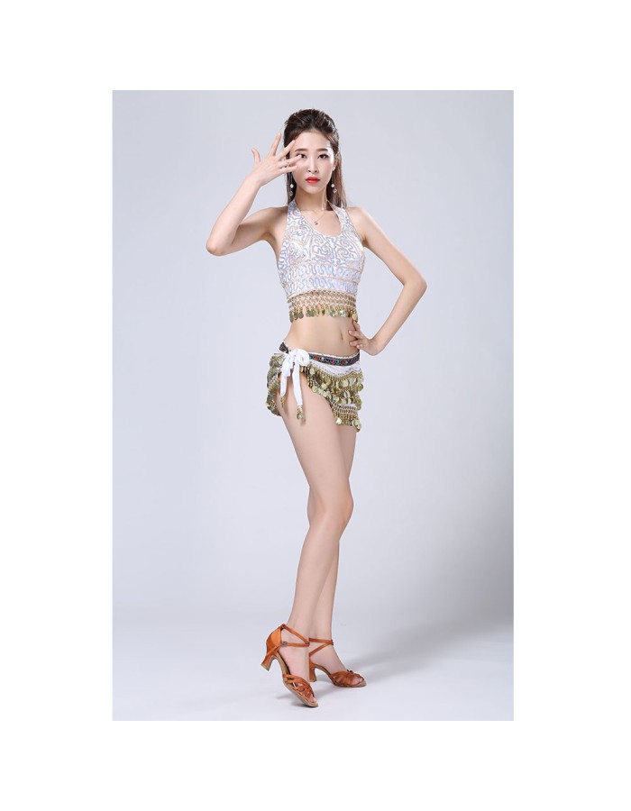 Stage Tie-up Halter Top and Skirt Belly Dance Rhinestone Sequins Sexy Tow Piece Costume D1815
