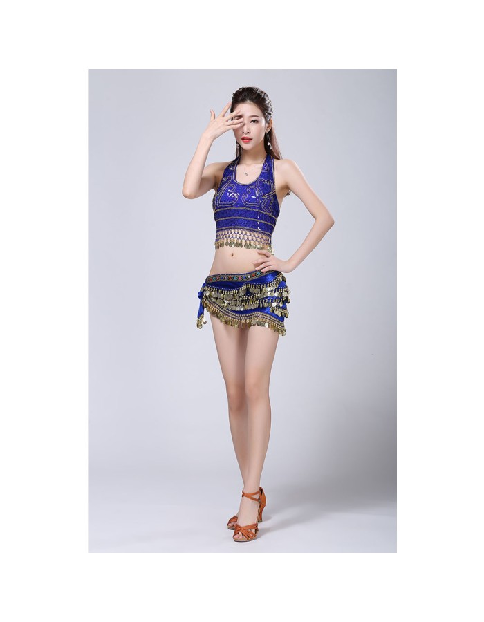 Stage Tie-up Halter Top and Skirt Belly Dance Rhinestone Sequins Sexy Tow Piece Costume D1815