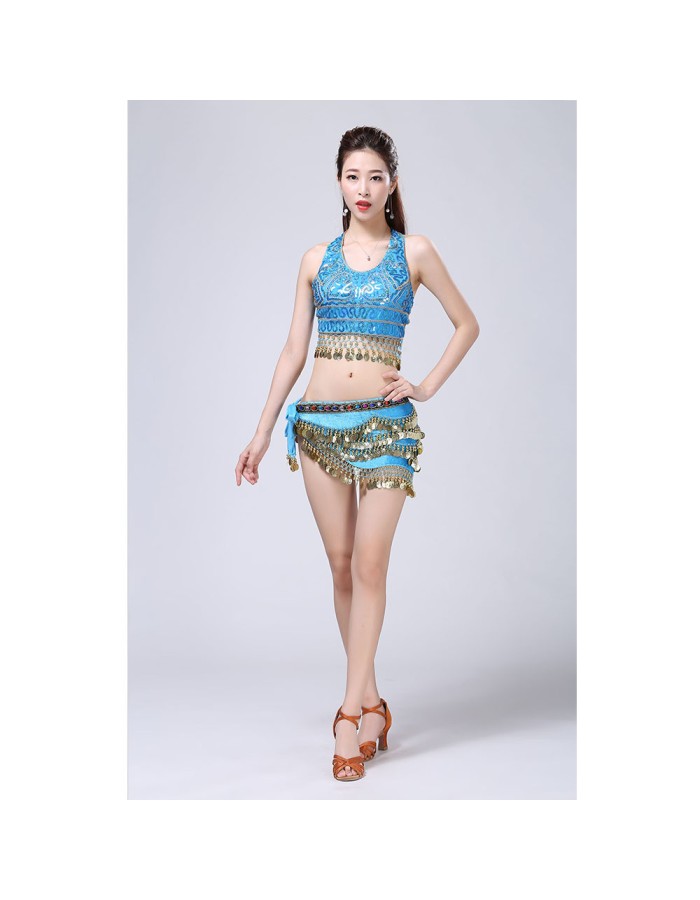 Stage Tie-up Halter Top and Skirt Belly Dance Rhinestone Sequins Sexy Tow Piece Costume D1815