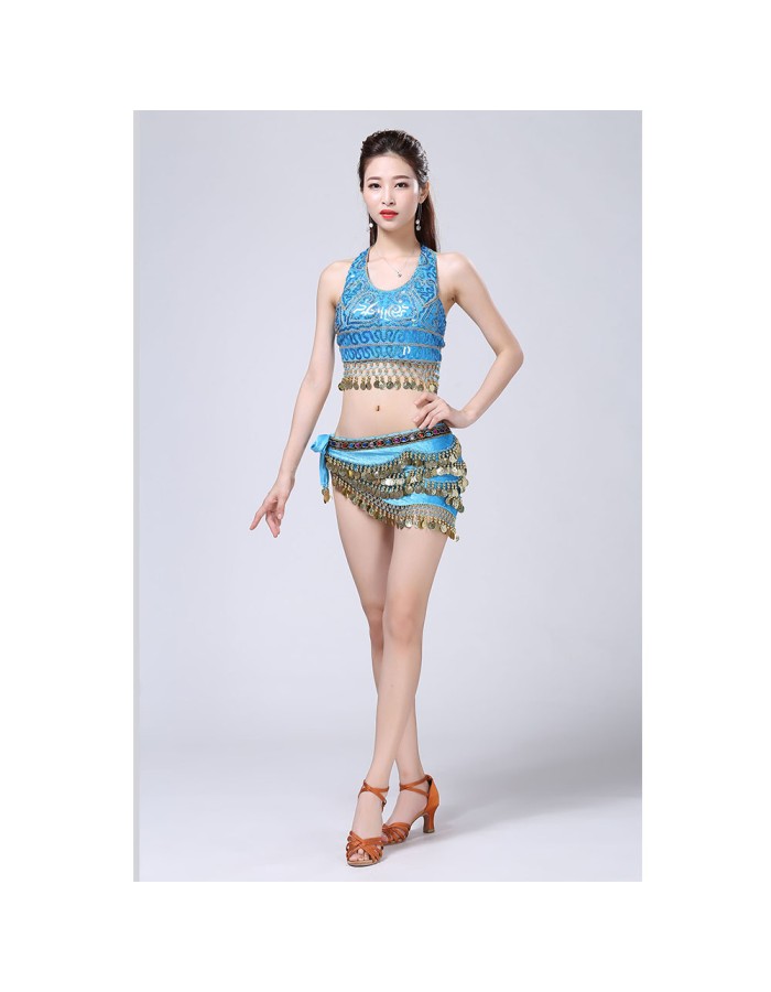 Stage Tie-up Halter Top and Skirt Belly Dance Rhinestone Sequins Sexy Tow Piece Costume D1815