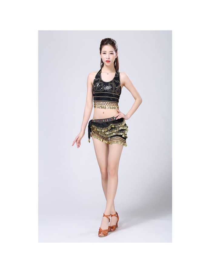 Stage Tie-up Halter Top and Skirt Belly Dance Rhinestone Sequins Sexy Tow Piece Costume D1815