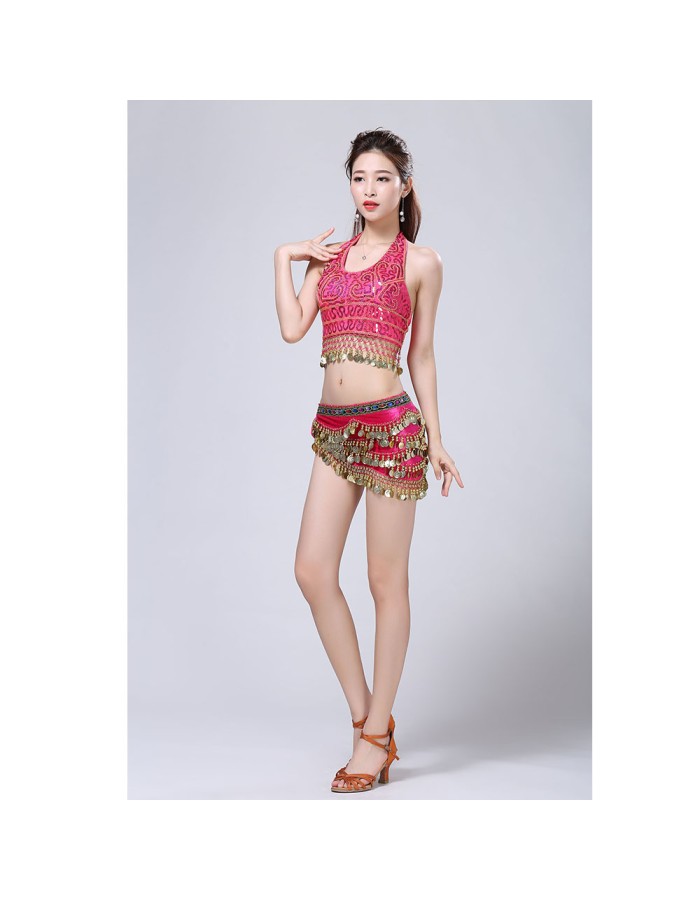 Stage Tie-up Halter Top and Skirt Belly Dance Rhinestone Sequins Sexy Tow Piece Costume D1815