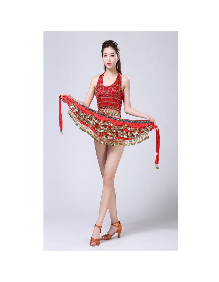 Stage Tie-up Halter Top and Skirt Belly Dance Rhinestone Sequins Sexy Tow Piece Costume D1815