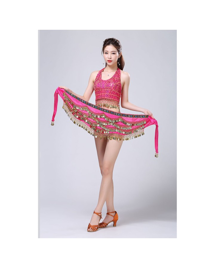 Stage Tie-up Halter Top and Skirt Belly Dance Rhinestone Sequins Sexy Tow Piece Costume D1815