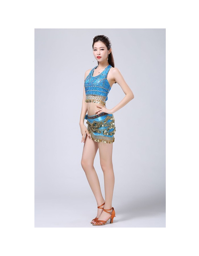 Stage Tie-up Halter Top and Skirt Belly Dance Rhinestone Sequins Sexy Tow Piece Costume D1815