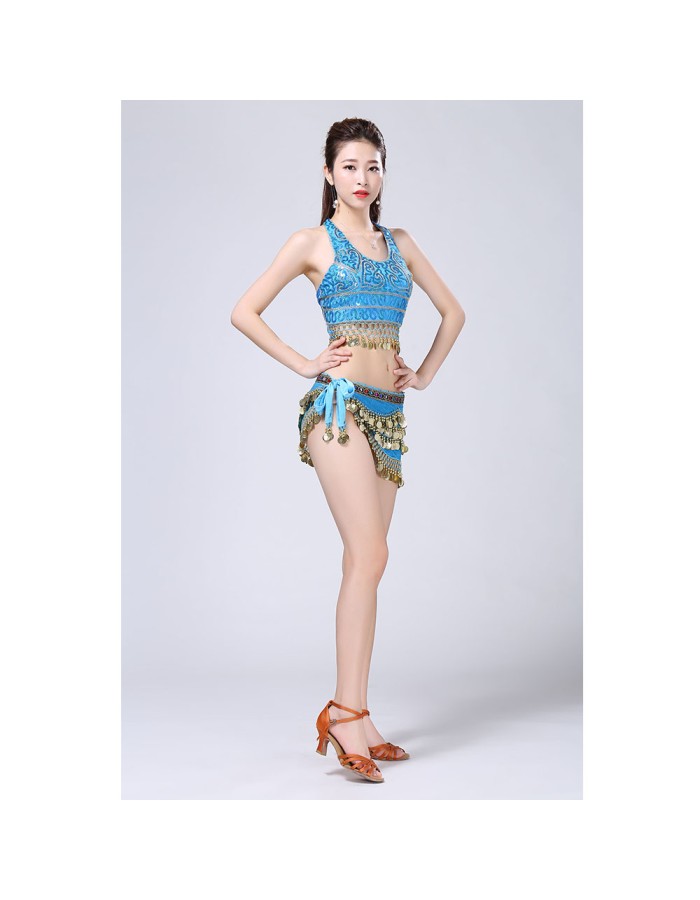 Stage Tie-up Halter Top and Skirt Belly Dance Rhinestone Sequins Sexy Tow Piece Costume D1815