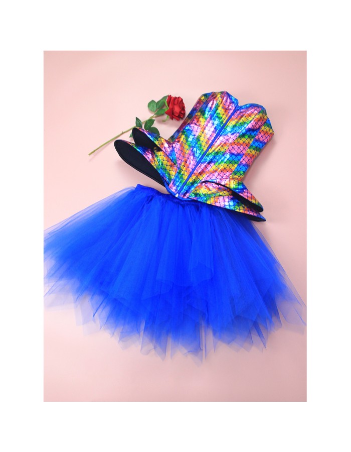 Fish Phosphorus Printed Corset Dance Performance Corset Puffy Skirt Stage Blue Corset 2406