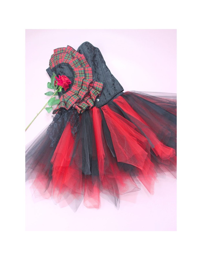 Traditional Checkered Lace Jacquard Corset Black and Red Mixed Color TUTU Chiffon Dress 2277